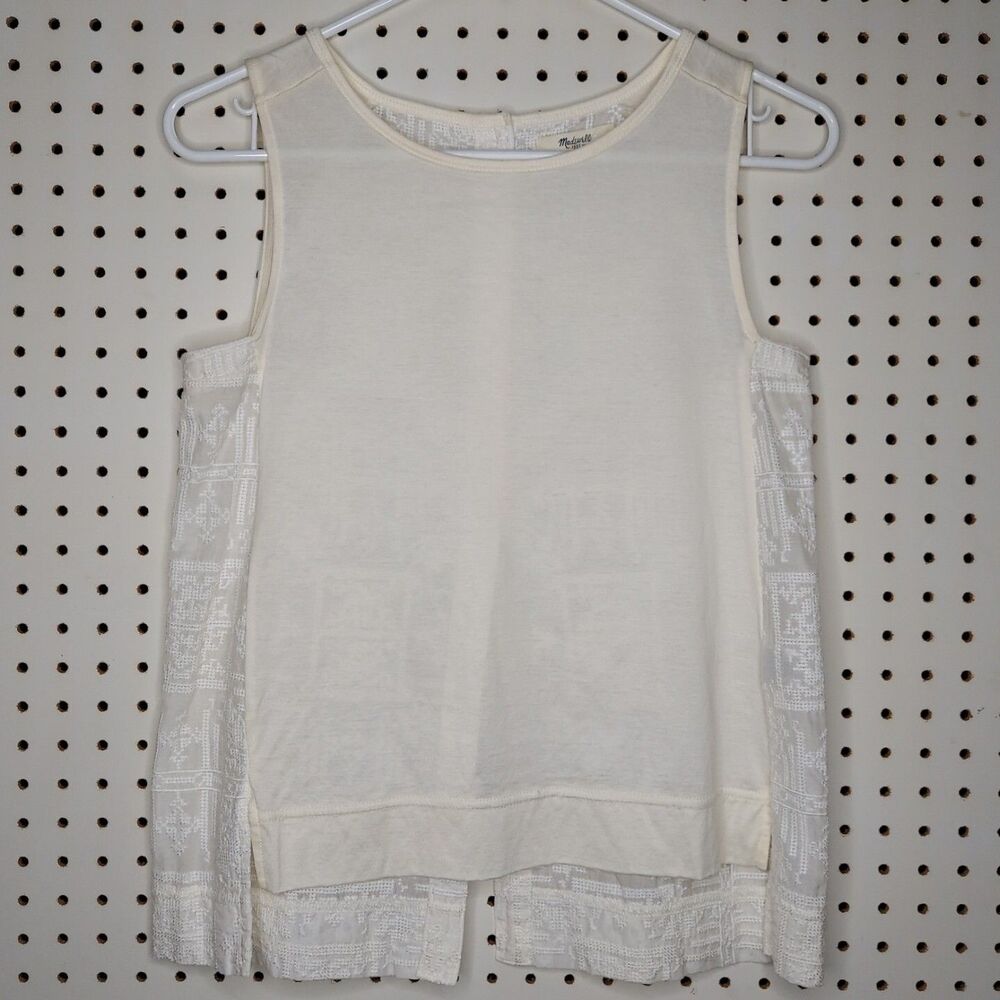 Madewell Sleeveless Top Women XS White Silk Cotton Embroidered Hidden Button